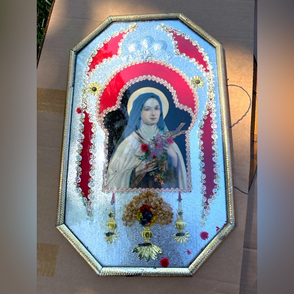 Vintage St. Thérèse of Lisieux Folk Art Icon Mexican Religious Convex Class